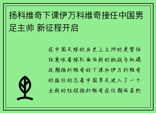 扬科维奇下课伊万科维奇接任中国男足主帅 新征程开启