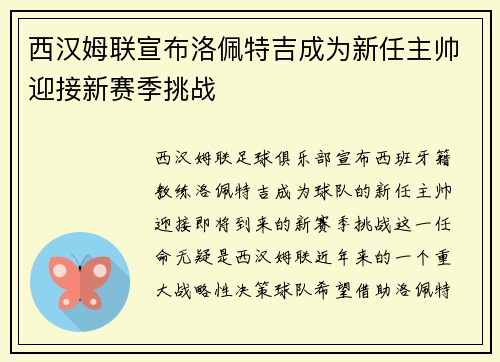 西汉姆联宣布洛佩特吉成为新任主帅迎接新赛季挑战 西汉姆联宣布洛佩特吉成为新任主帅迎接新赛季挑战